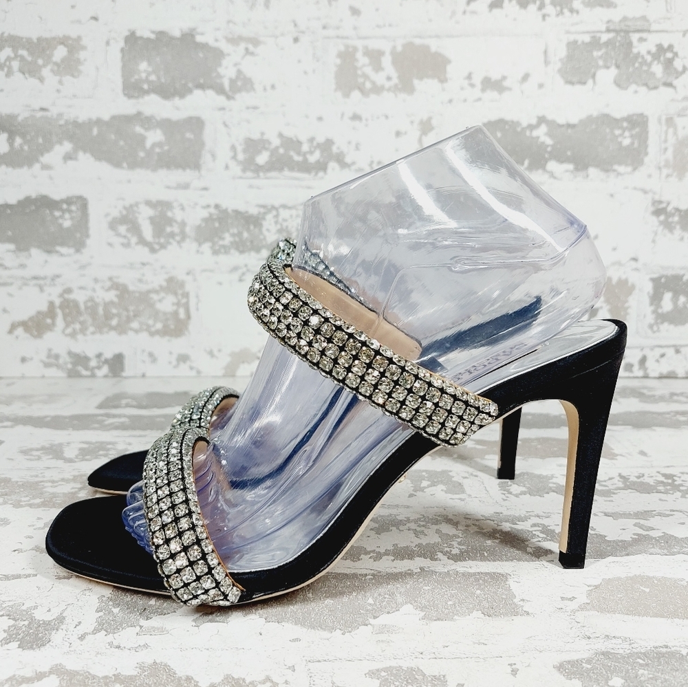 NEW Badgley Mischka Sade Black Rhinestone Heeled Summer Sandals A725